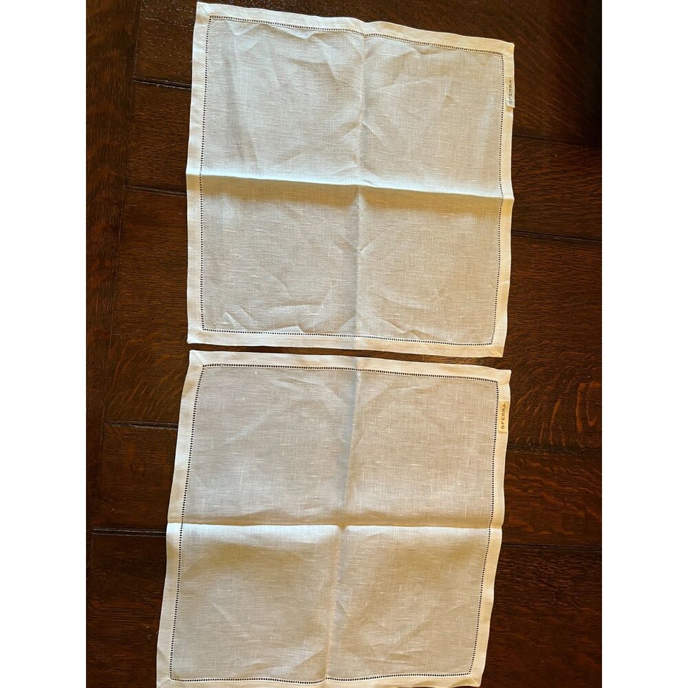 SFERRA White Linen Dinner Napkins Set of 2 24" Hemstitch Luxury Table Linens